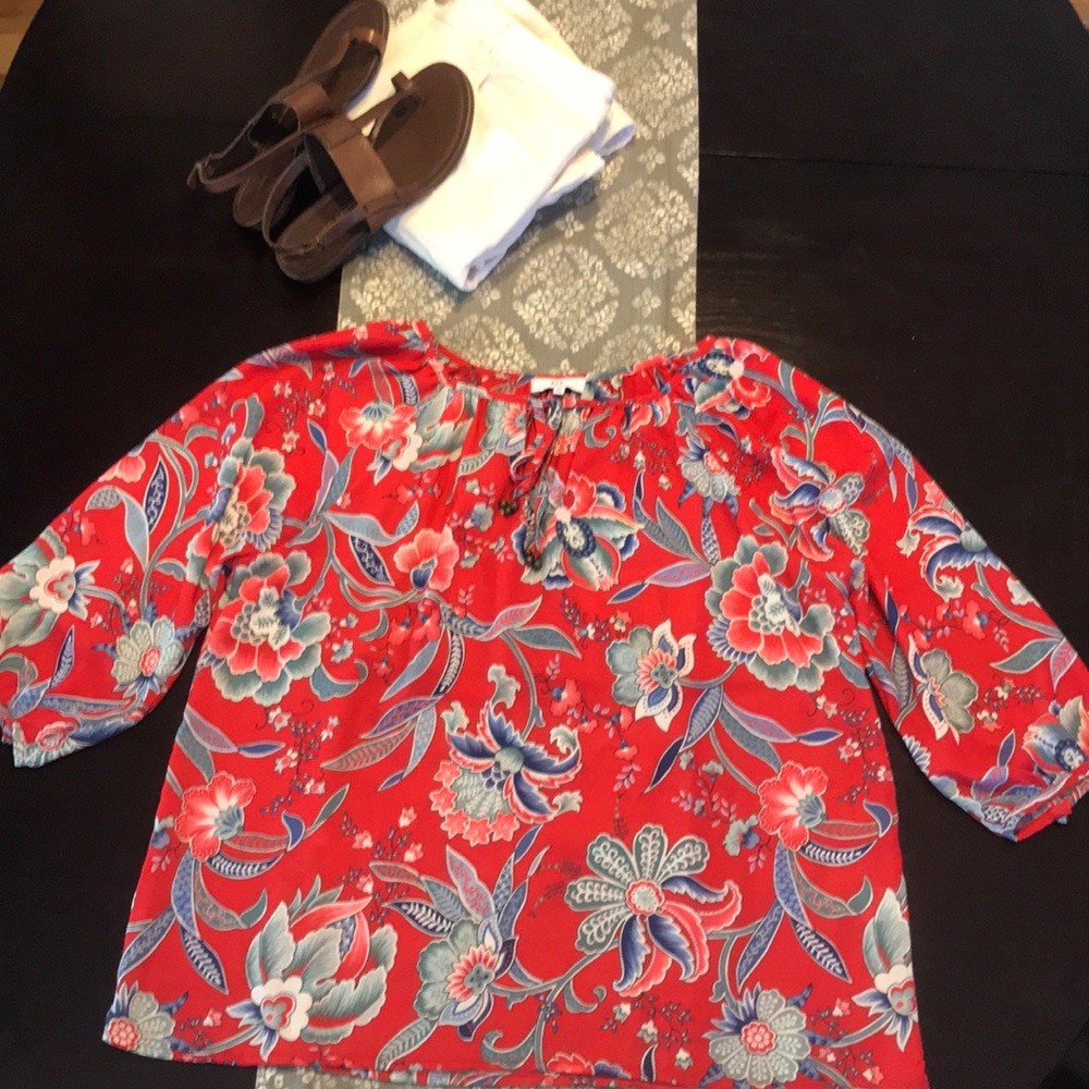 [NSR] Tie Neck Red/ Blue Floral Lightweight Blouse - Picture 5 of 8